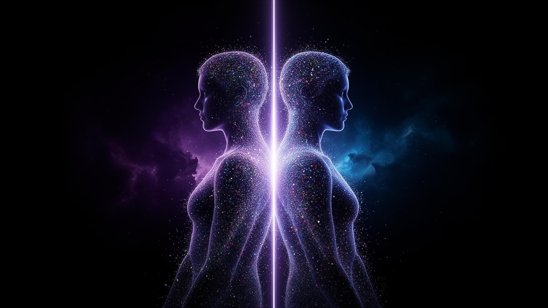 Two mirrored silhouettes dissolving into light
